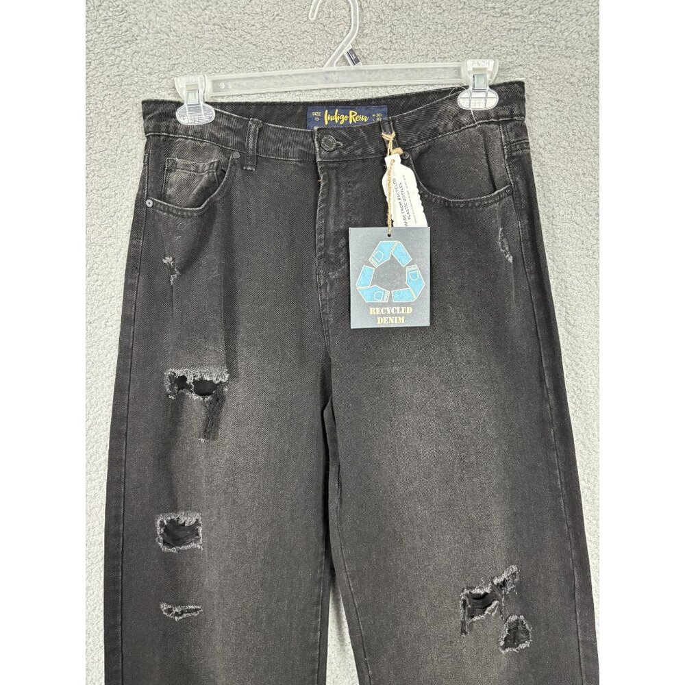 Indigo Rein Recycled Denim Skater Jeans High Rise Flare Leg 13 Distressed NWT's - Picture 2 of 7